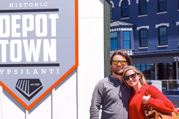 couple poses in depot town