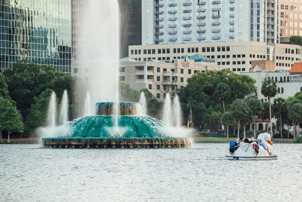 Downtown Development Board swan boat by fountain at Lake Eola