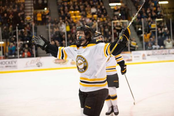 Hockey player acknowledges crowd during a game in a celebratory way.