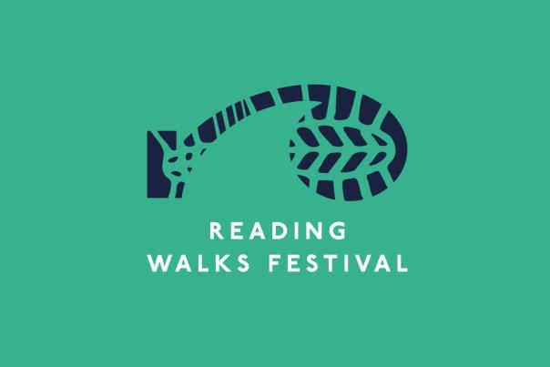 The logo for the Reading Walks festival. Green background with a navy blue boot print in the centre.