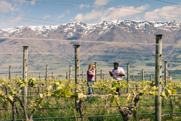 Winemaker Sascha giving a tour of a vineyard at Gibbston Valley Winery
