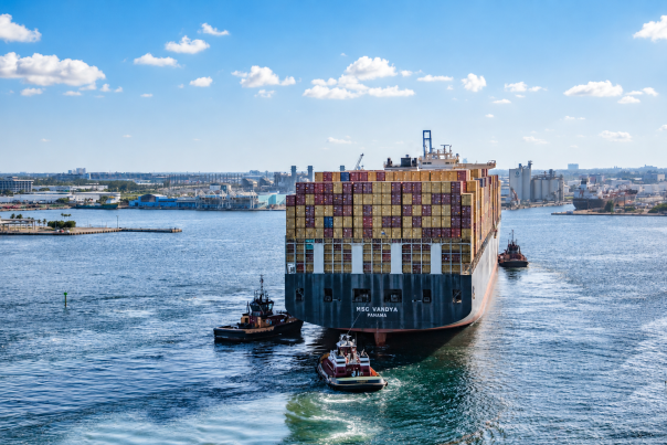 MSC Vandya enters Port Everglades with assistance from a Florida Harbor Pilot and tugboats from McAllister Towing and E.N. Bisso & Sons Inc. on Monday, August 10, 2026.