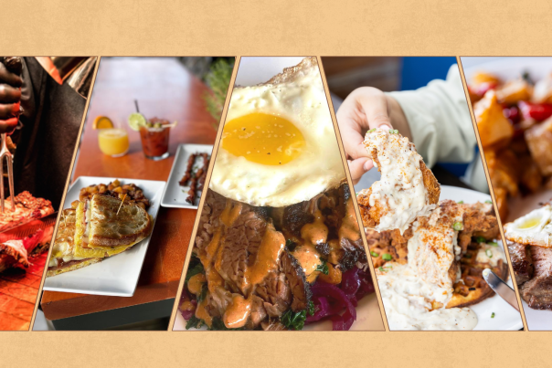 collage image of six brunch dishes on yellow background