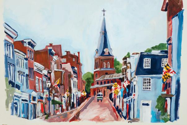 A painting of Main Street with flags and historic buildings lining the street looking up to a church