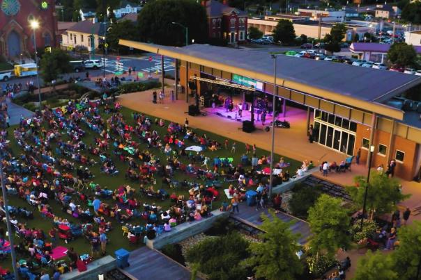 aerial shot of a crowd at an outdoor concert venue