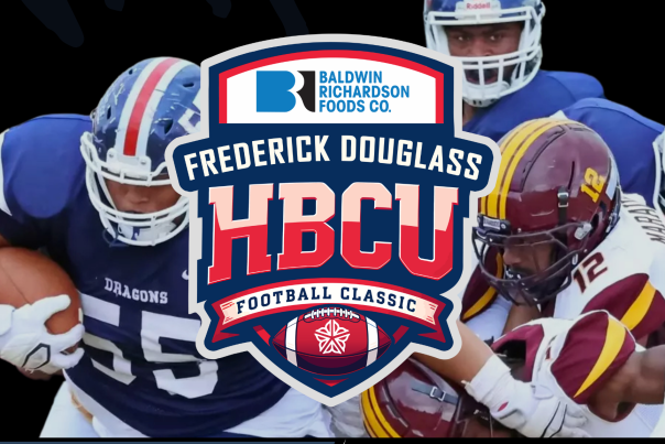 A flyer image of football players from Central State and Lane College to promote The Frederick Douglass HBCU Football Classic coming to the Rochester Community Sports Complex on September 27.