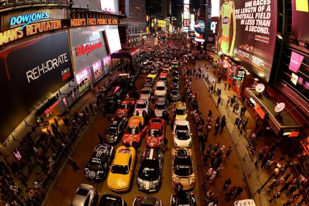 Cars lined up at Times Square