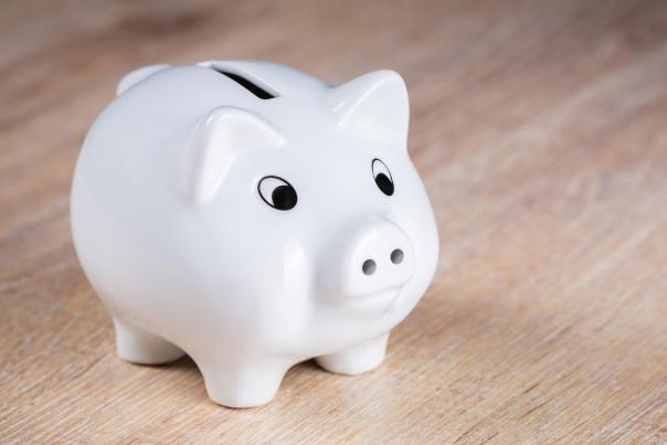 Photograph of a white piggy bank