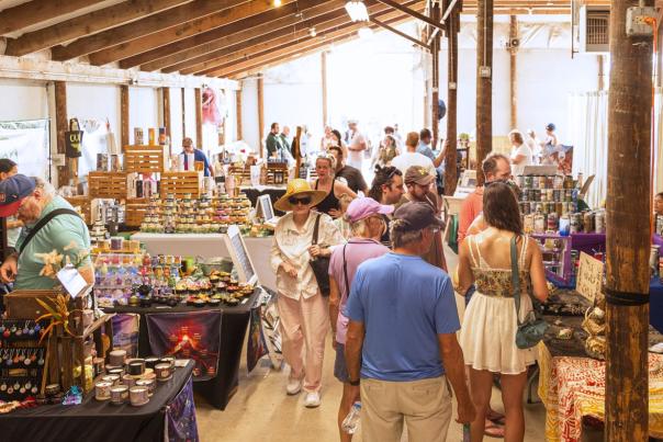 People shopping, walking both directions in an indoor space with vendors set up on each side of the patrons.