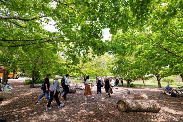 A group of adults walk through an open pasture surrounded by green trees at Aldo Leopold Nature Center