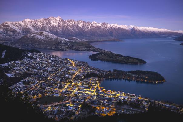 Aerial shot of Queenstown in winter