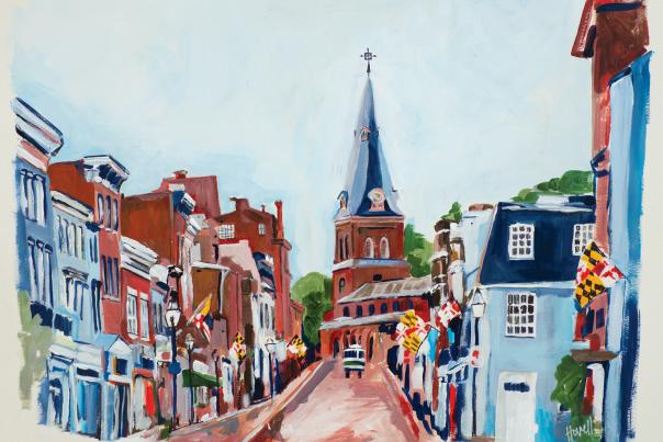 A painting of Main Street with flags and historic buildings lining the street looking up to a church
