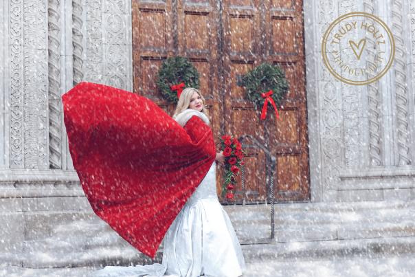 Justine VanAlstine outside of Fountain Street Church, where she married her husband, Gary.