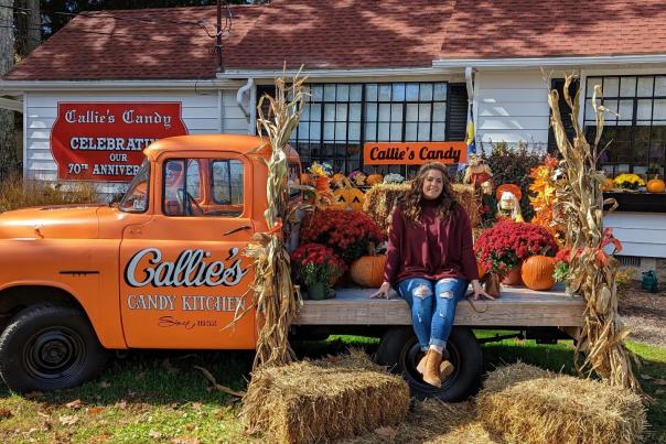 A colorful fall display outside Callie's Candy Kitchen in the Poconos.