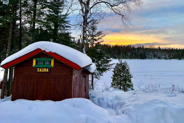 Snow covered sauna at White Pine Lodge on the Gunflint Trail in the winter