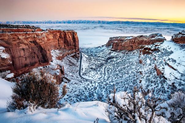 View of Colorado National Monument with snow at Sunrise