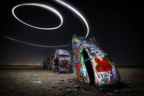 timelapse of cadillac ranch at night
