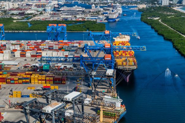 Aerial view of cargo ships dock in Southport.