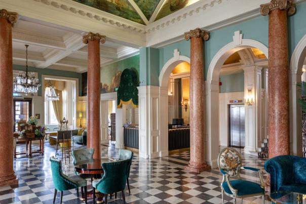 The glamorous and ornate lobby area at the Queens Hotel in Southsea