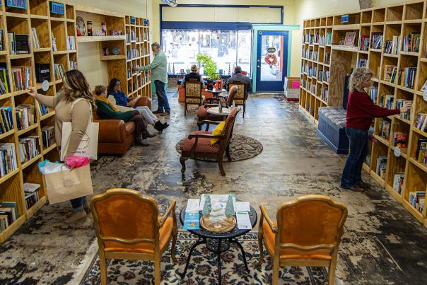 Bookshelves and Shoppers at The Story Keeper Bookstore in Downtown Selma, NC.