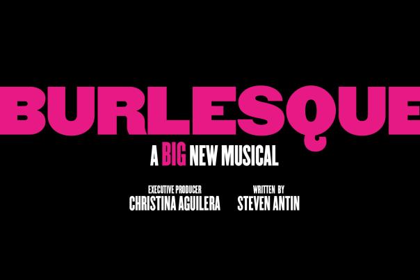 A graphic for the 2027 Burlesque musical at Hull New Theatre. The word Burlesque: A Big New Musical in pink letters on a black background.