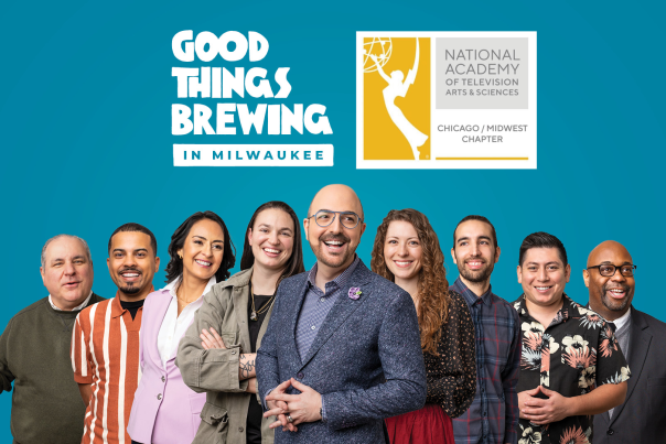 Good Things Brewing cast on a blue screen with the Emmy nomination logo