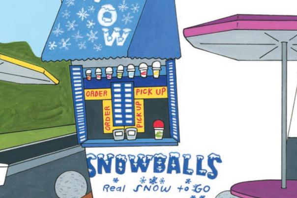 A cartoon illustration of the Hills of Snow building, shaped like a snowcone, in Smithfield North Carolina