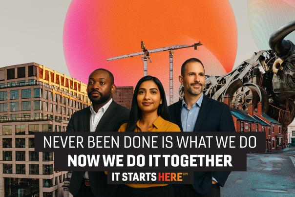 Three people stand in front of a montage of the West Midlands skyline, alongside the Commonwealth Games bull. Text reads 'Never been done is what we do. Now we do it together. It starts here'.