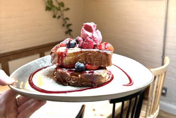 French Toast with berries and ice-cream at Burnt Toast café in Swanage