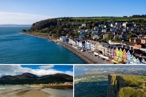 Collage of filming locations including the Mourne Mountains, Whitehead and Cave Hill.