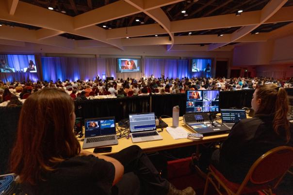 A/V team at Monona Terrace looking out at conference attendees in Madison
