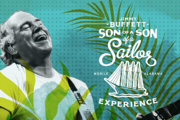 Promotional graphic for the Jimmy Buffett Son of a Son of a Sailor Experience exhibit at the National Maritime Museum of the Gulf. The graphic features a greyscale photo of Jimmy Buffett playing guitar against a blue dotted background with green tropical leaves and the exhibit logo.