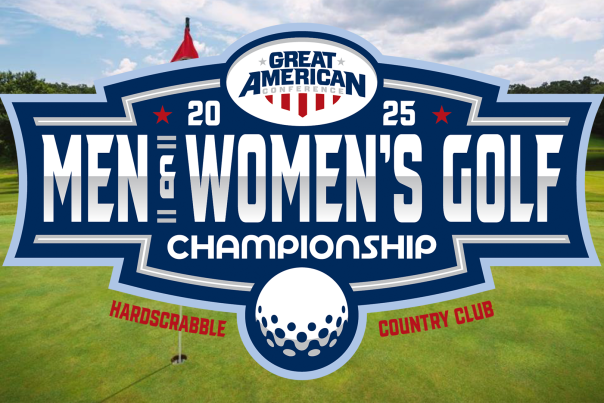 A graphic badge promoting the Great American Conference Men & Women's Golf Championship is lays on top of an image of the Hardscrabble Country Club in Fort Smith, Arkansas.