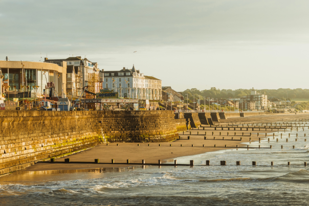 An image of golden hour looking up towards north Bridlington beach and promenade.