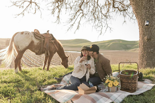 couple enjoying a vineyard picnic after riding horses