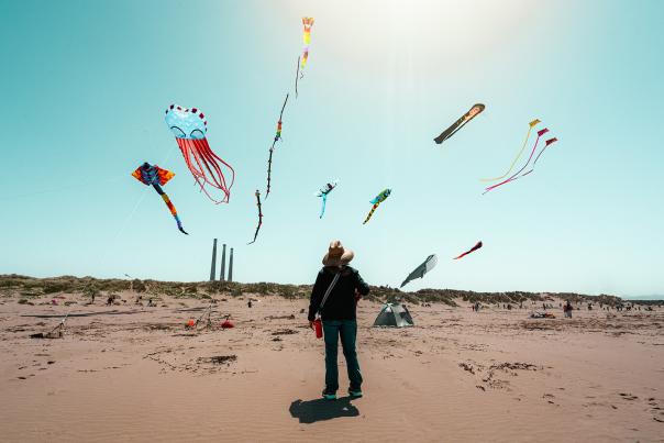 person on Morro Bay beach watching the kites fly in the wind