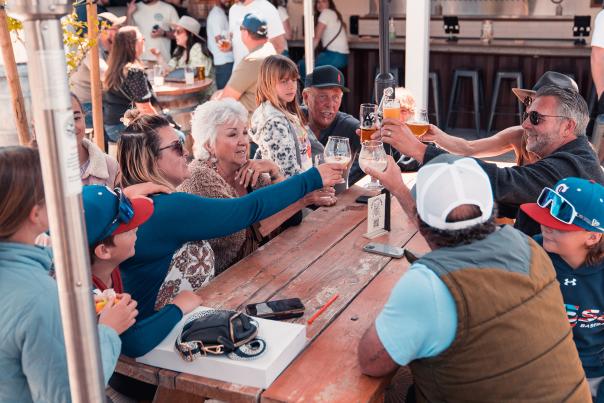 Group of people of varying ages sitting and raising glasses together