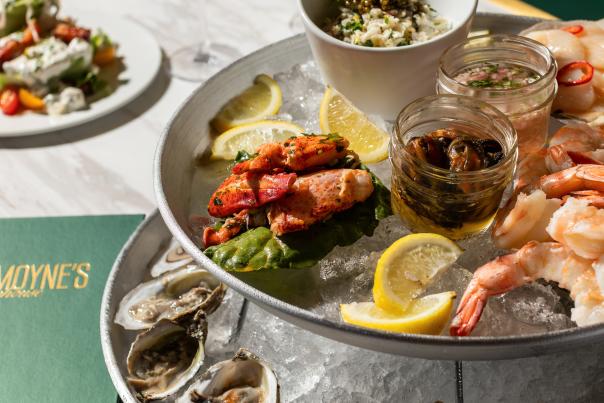 Poached lobster tails, shrimp, smoked fish dip,oysters, West Indies salad, scallops crudo with an assortment of sauces and créme fraiche.