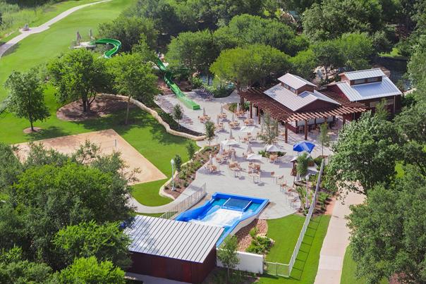 Bird's eye view of hotel resort with pool