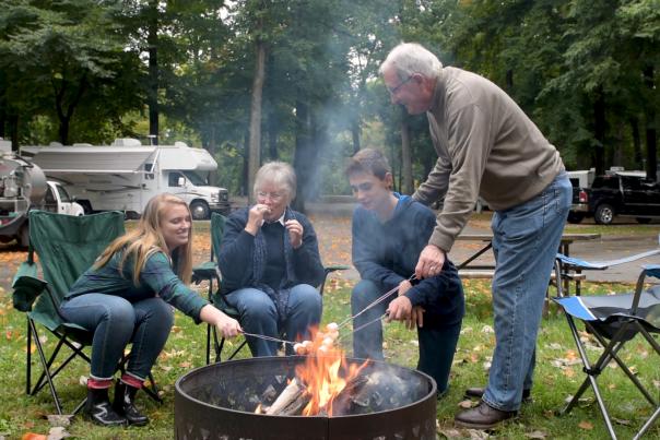 Family bonfire at Johnny Appleseed Park and Campground