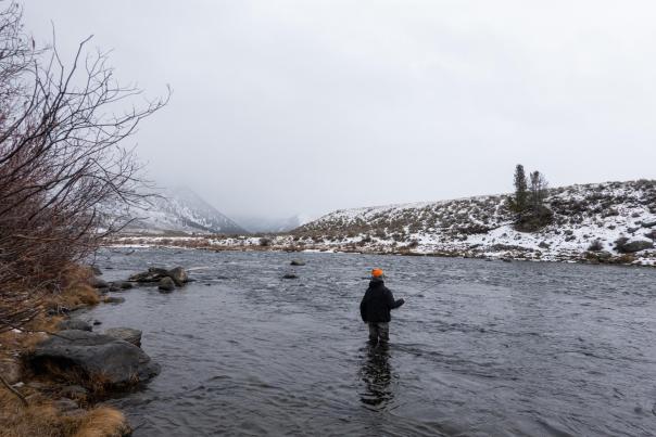 A person stands in a river, casting a fishing line, surrounded by snow-covered banks and misty mountains in the background.
