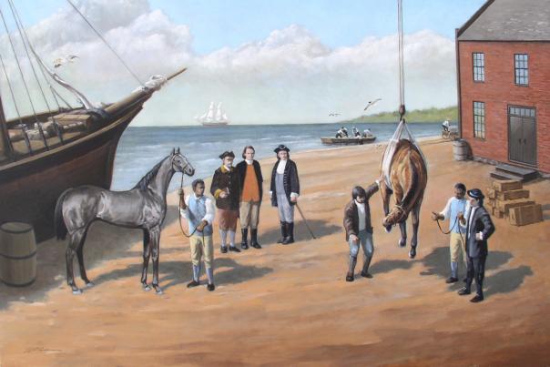 Artist's rendering of the off-loading of a thoroughbred horse, Queen Mab, a gift from the King of England.  She was brought to the colonies as a foundation horse for Maryland blood stock.