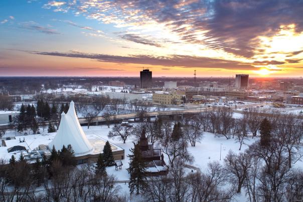 aerial photo of hjemkomst center and downtown Fargo in winter