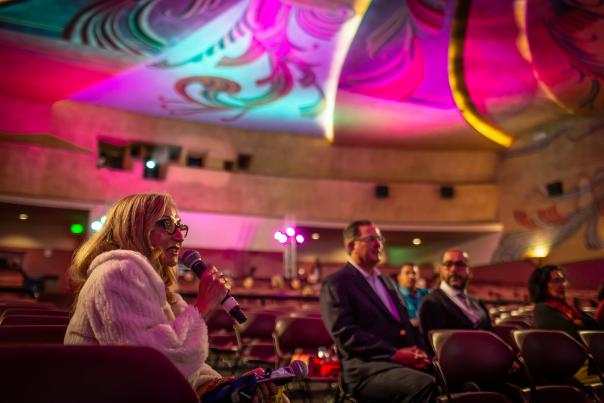 Audience asking question in Fremont theater