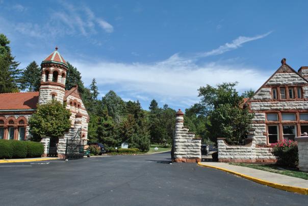 Woodland Cemetery in Dayton, Ohio. Picture of gateway, chapel, and office buildings
