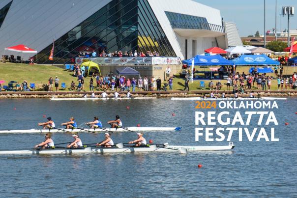 Two boats filled with rowers rowing down the Oklahoma River