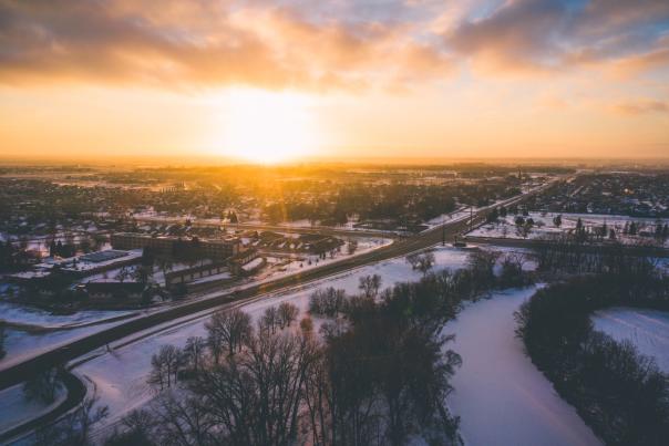 sunset aerial photo of Fargo in the winter