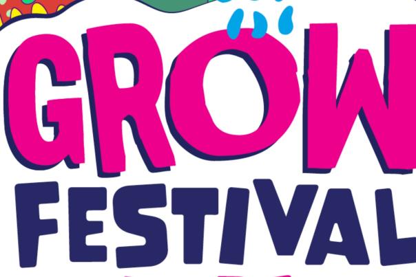 The Grow Festival logo. Grow is in pink cartoon text whilst festival is underneath in dark blue text. The background is white and the sides have cartoon flowers and grass.