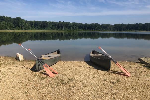 Canoes at Howell Woods Lake in Four Oaks, NC.