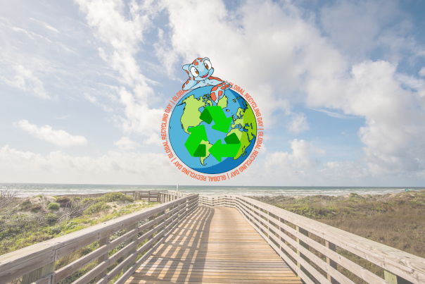 A cartoon turtle character leans over a globe with a recycling symbol on it in the foreground. The background is a partially transparent image of a boardwalk leading to a beach.